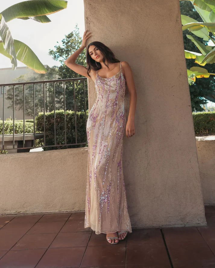 Mac Duggal 6150 Nude Embellished Spaghetti Strap Scoop Neckline Column Gown