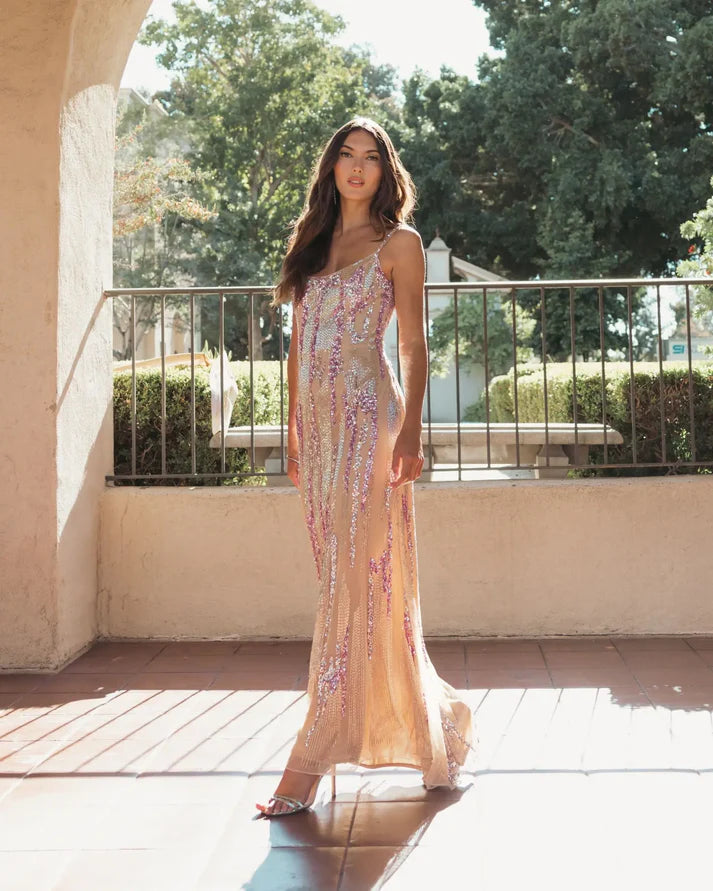 Mac Duggal 6150 Nude Embellished Spaghetti Strap Scoop Neckline Column Gown