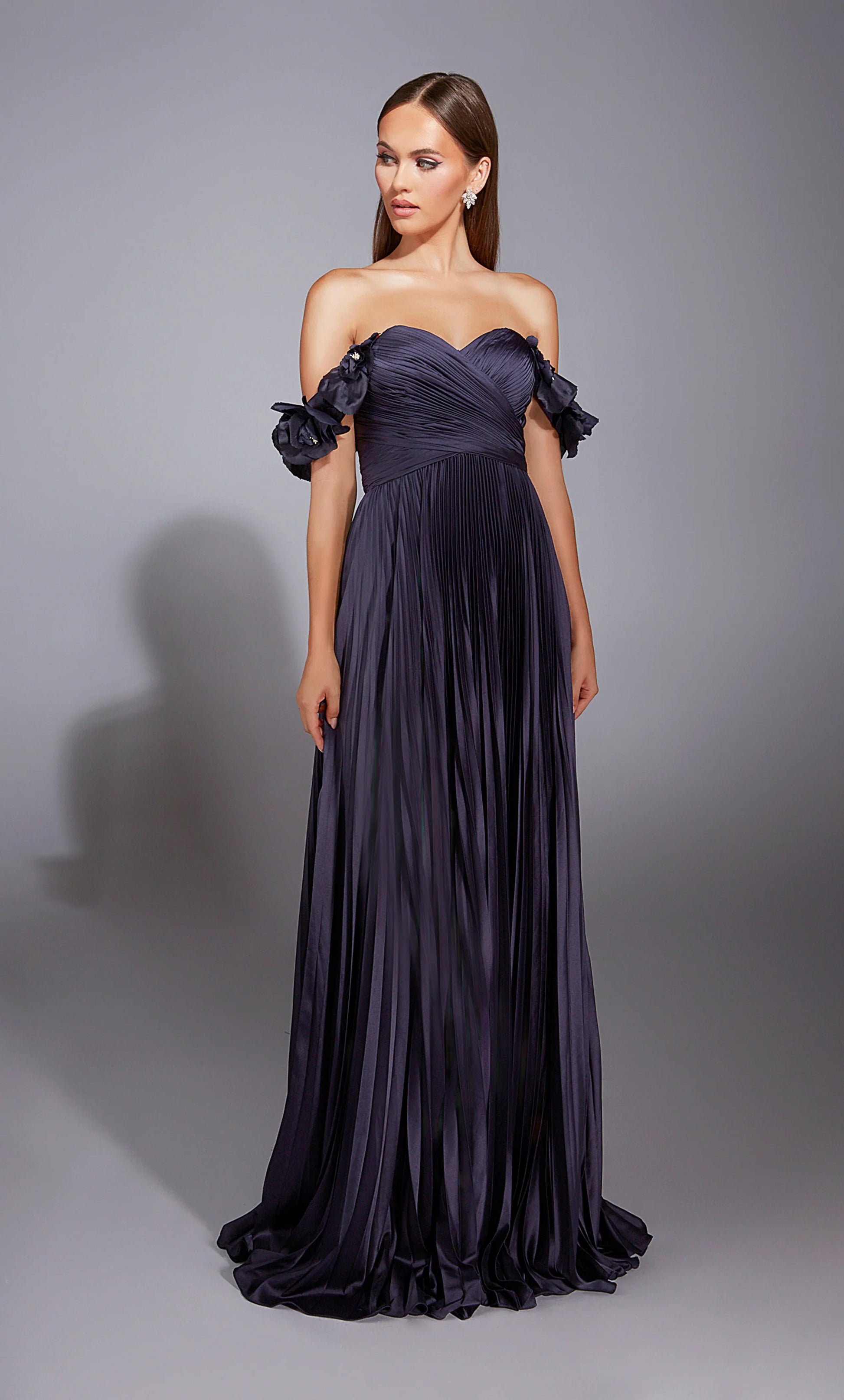draped off shoulder ruched dress Alyce 61946 Long Off the Shoulder Ruched/draped A Line Dress – B Chic  Fashions
