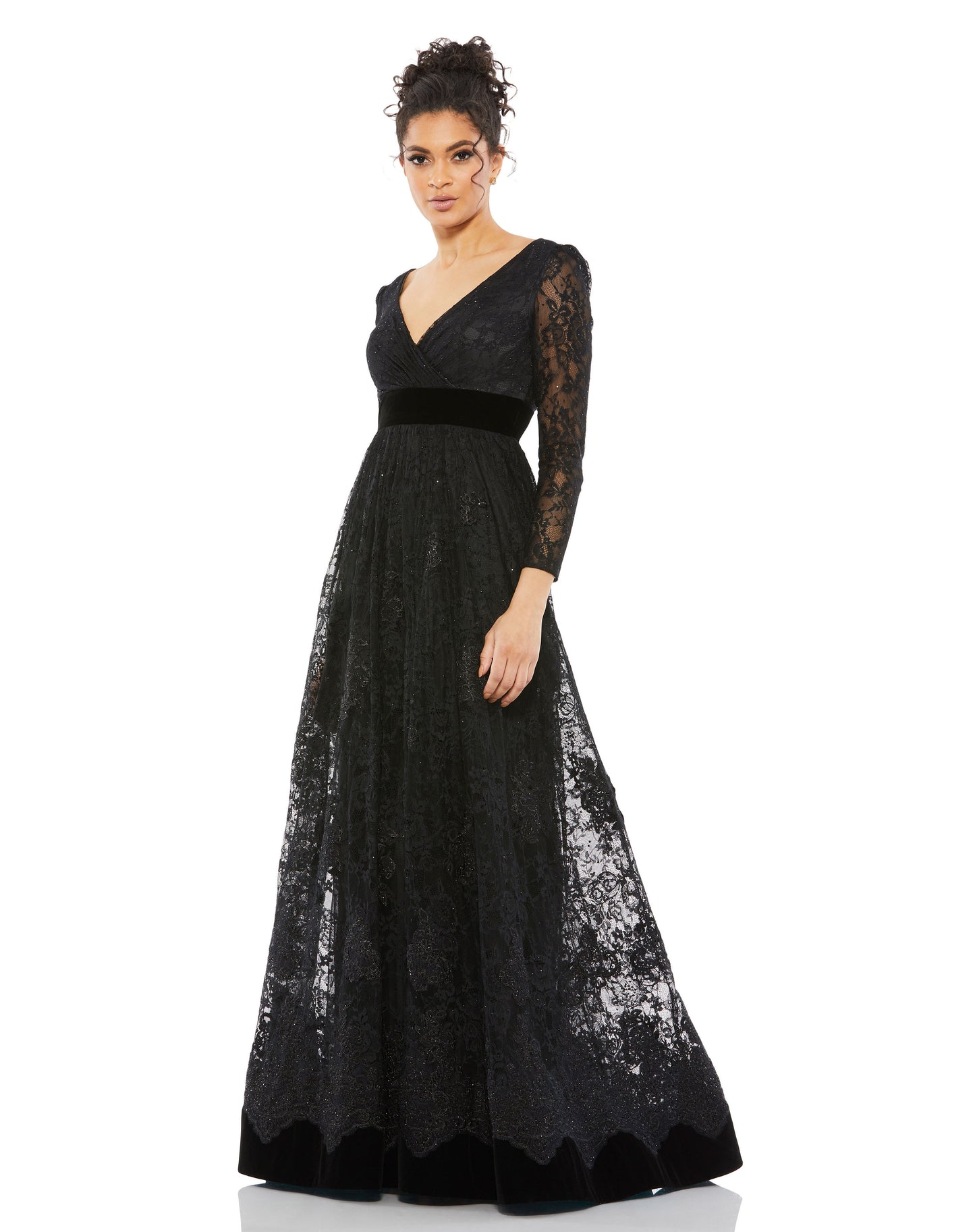 Mac Duggal 67861 Lace Long Sleeve Wrap Over Dress