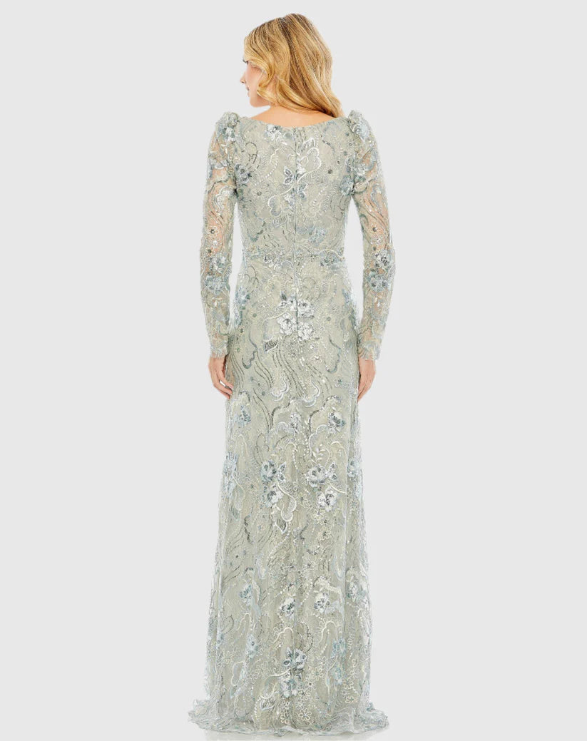 Mac Duggal 68190 Embroidered Wrap Over Puff Sleeves Trumpet Gown