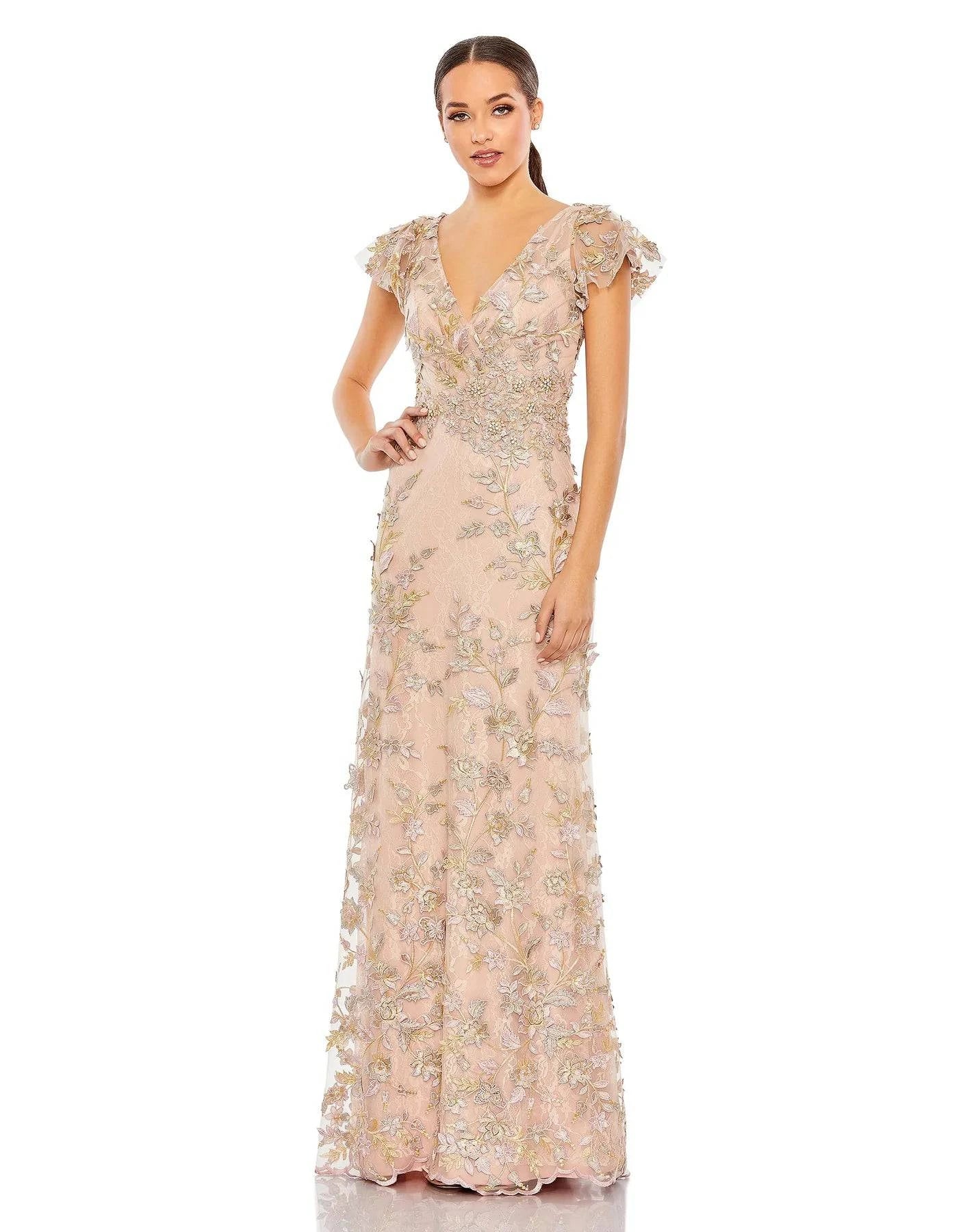 Mac Duggal 68192 Embroidered Applique Wrap Over Flutter Sleeve Gown B Chic Fashions Long Dress Evening Gowns