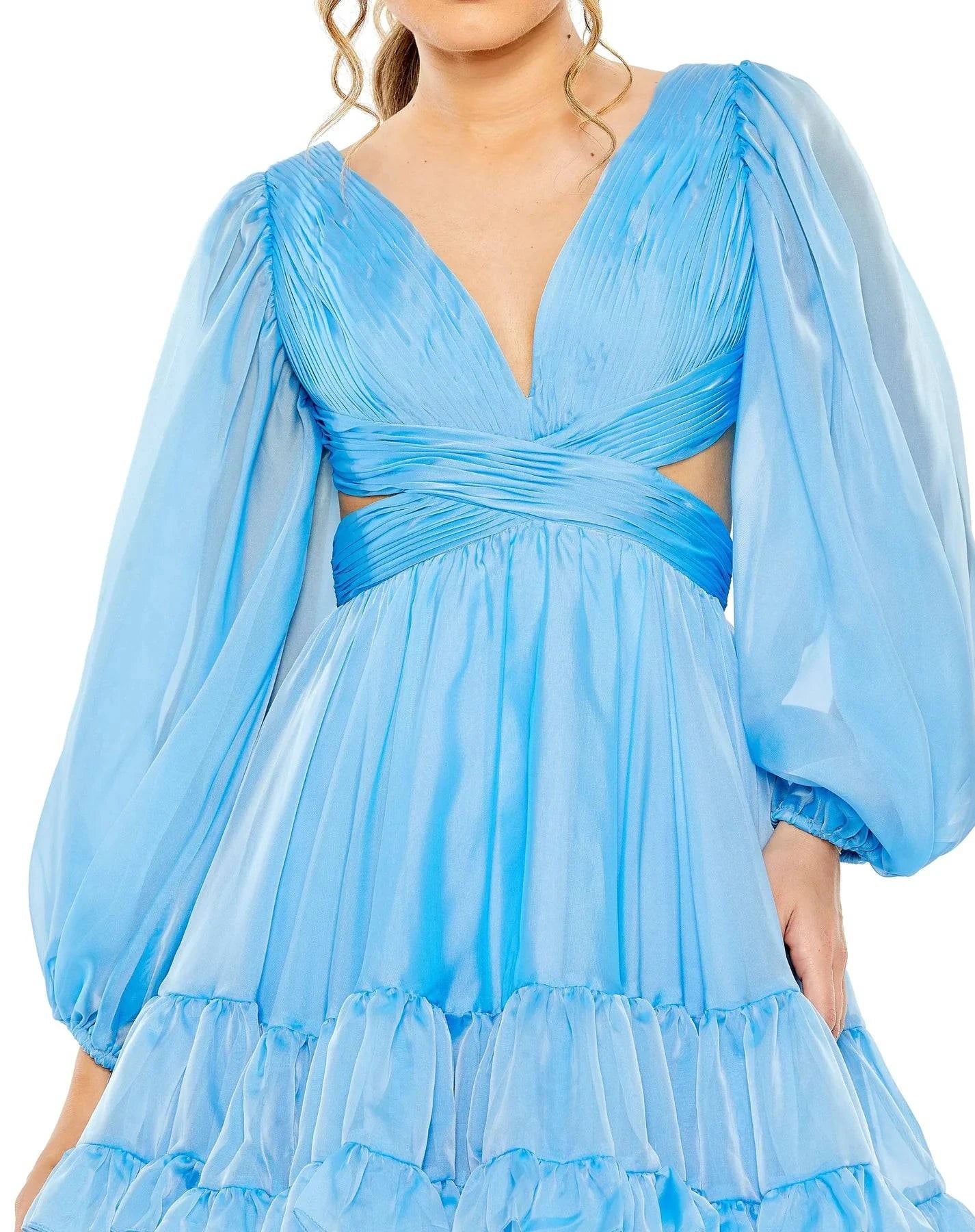 Mac Duggal 68451 Long Sleeve Chiffon Cut Out Mini Dress