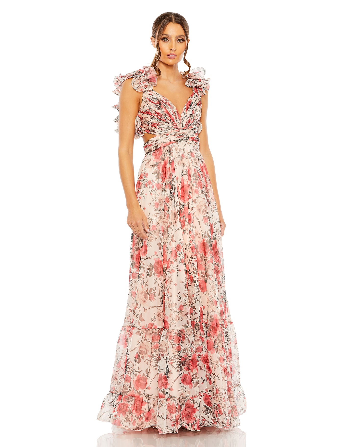 Mac Duggal 68518 Ruffle Tiered Floral Cut-Out Chiffon Gown