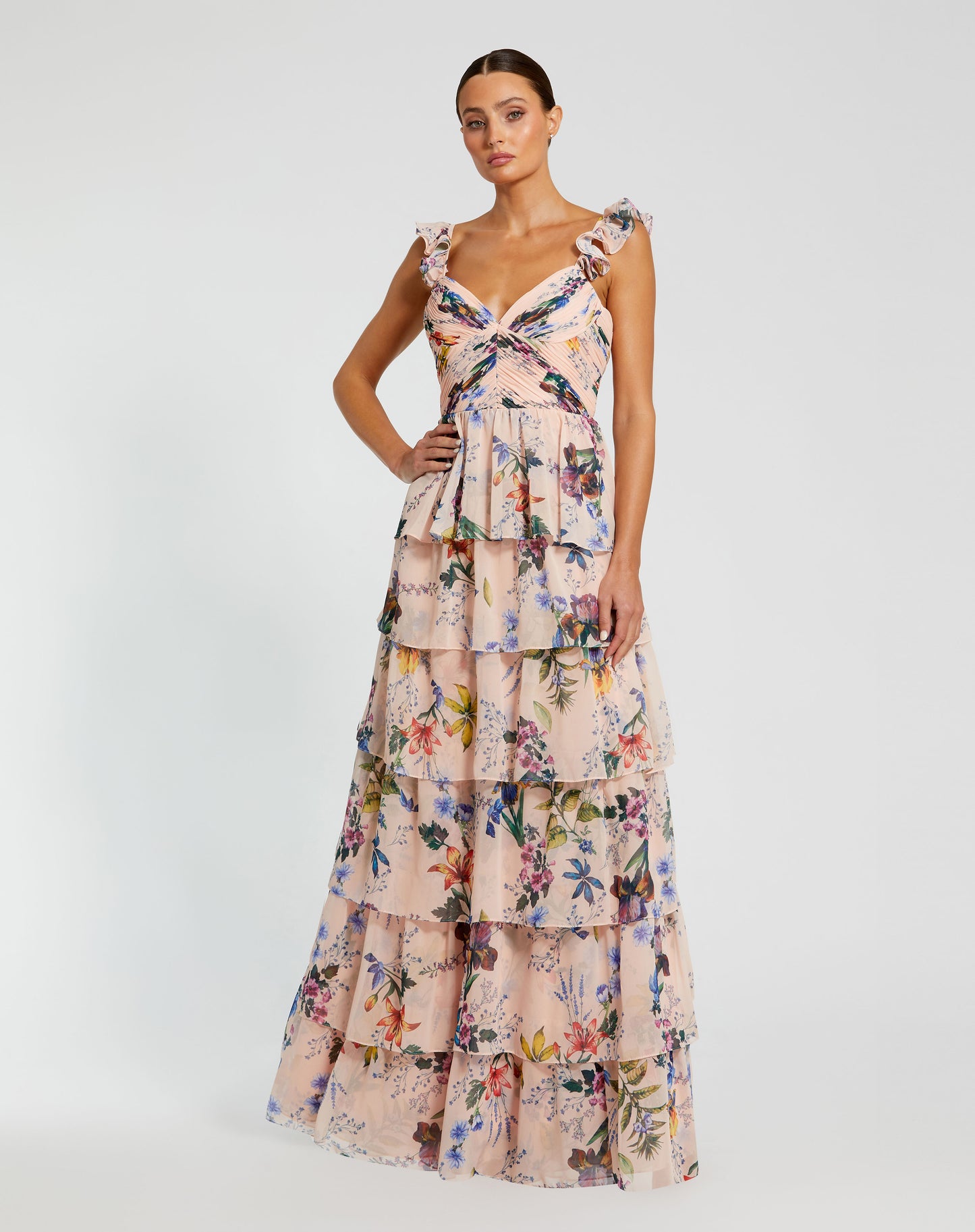 Mac Duggal 68742 Ruffle Sleeveless Chiffon Tiered Floral Print Gown