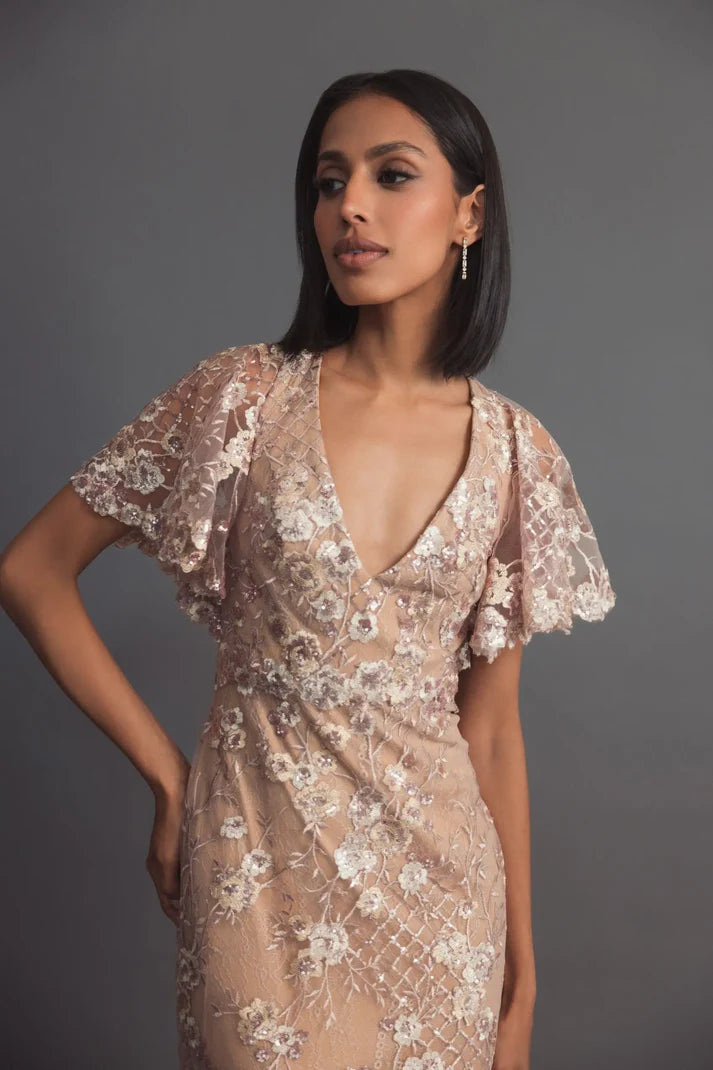 Mac Duggal 68743 Pink Embellished Lace V Neck Short  Butterfly Sleeve Gown