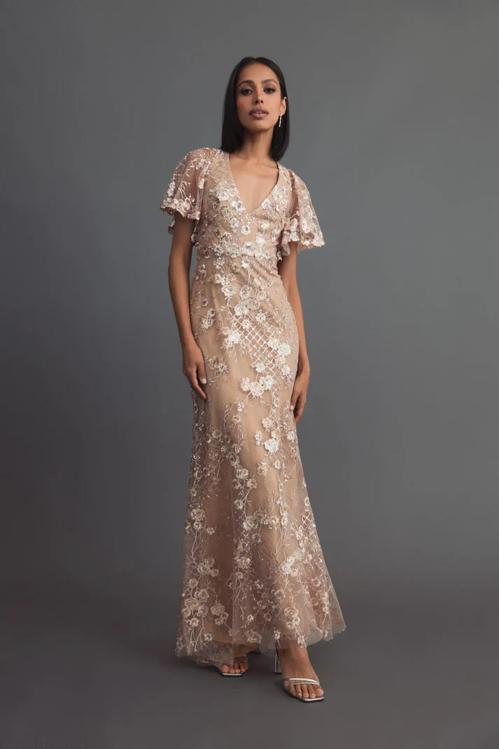 Mac Duggal 68743 Pink Embellished Lace V Neck Short  Butterfly Sleeve Gown
