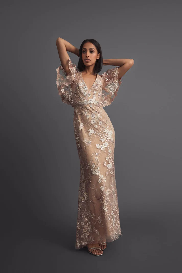 Mac Duggal 68743 Pink Embellished Lace V Neck Short  Butterfly Sleeve Gown