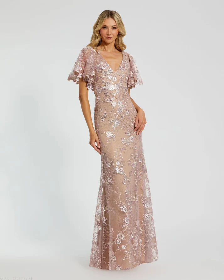 Mac Duggal 68743 Pink Embellished Lace V Neck Short  Butterfly Sleeve Gown