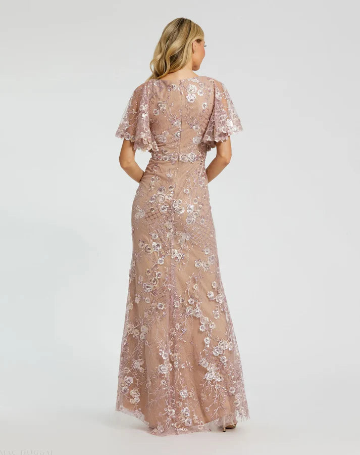 Mac Duggal 68743 Pink Embellished Lace V Neck Short  Butterfly Sleeve Gown