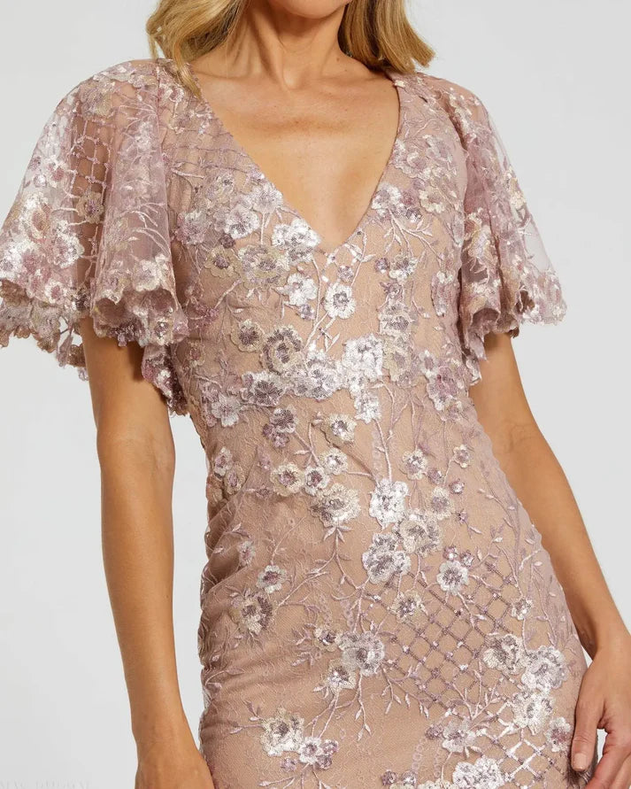 Mac Duggal 68743 Pink Embellished Lace V Neck Short  Butterfly Sleeve Gown
