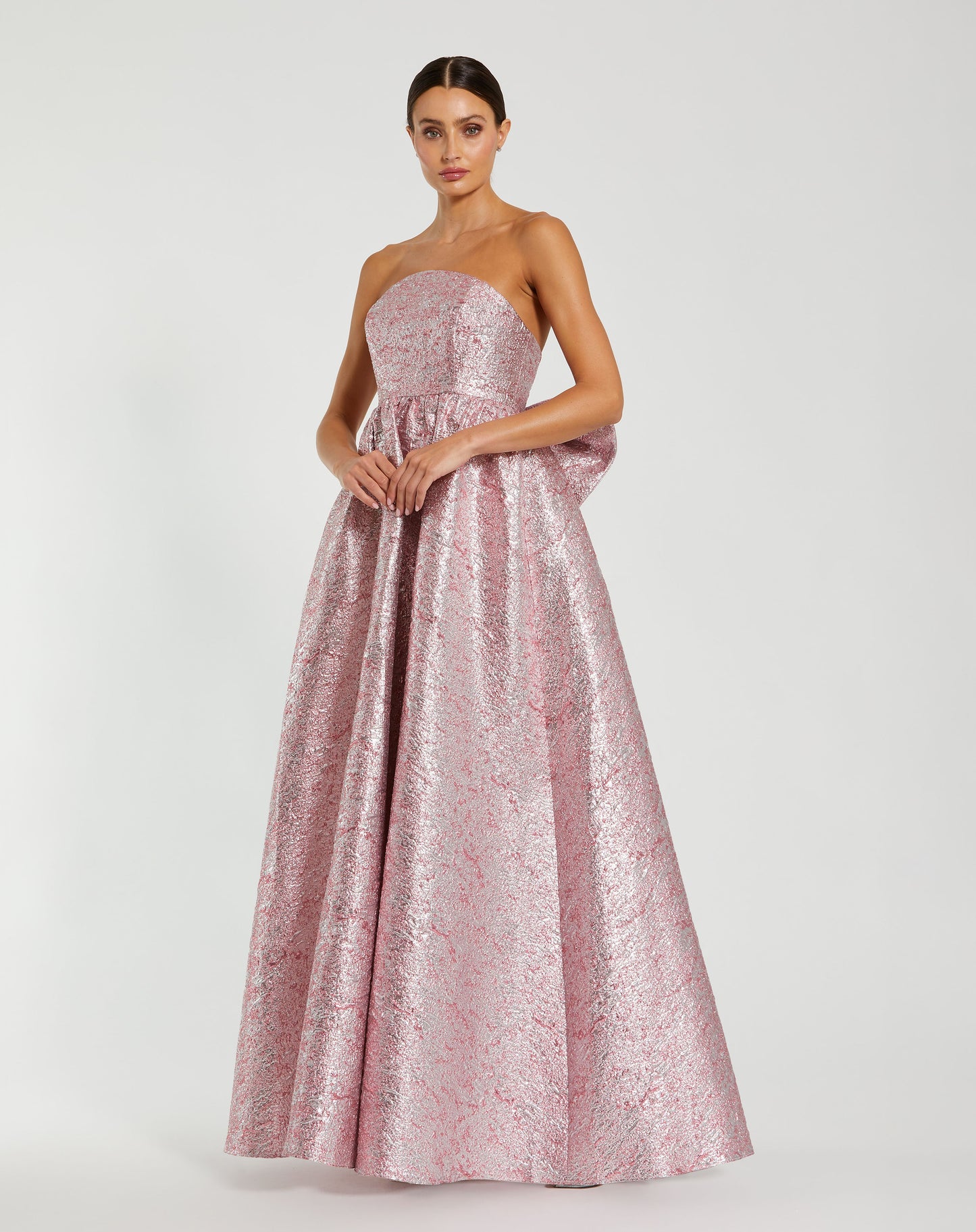 Mac Duggal 68805 Metallic Strapless Brocade Gown with Oversized Bow