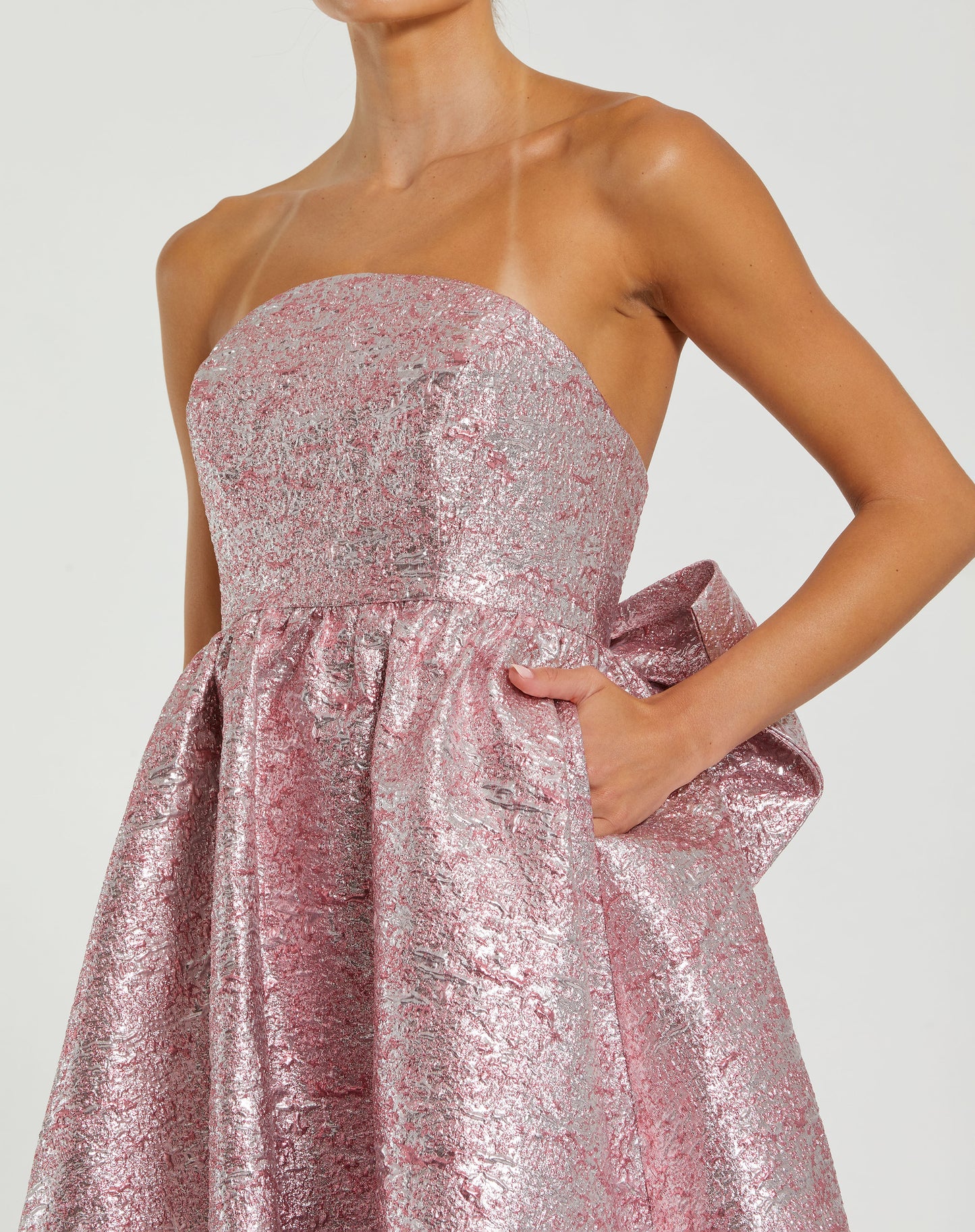 Mac Duggal 68805 Metallic Strapless Brocade Gown with Oversized Bow