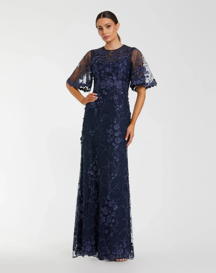 Mac Duggal 68810 Flutter Sleeve Floral Embroidered Net Gown