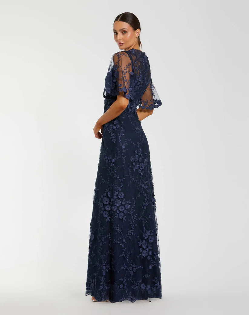 Mac Duggal 68810 Flutter Sleeve Floral Embroidered Net Gown
