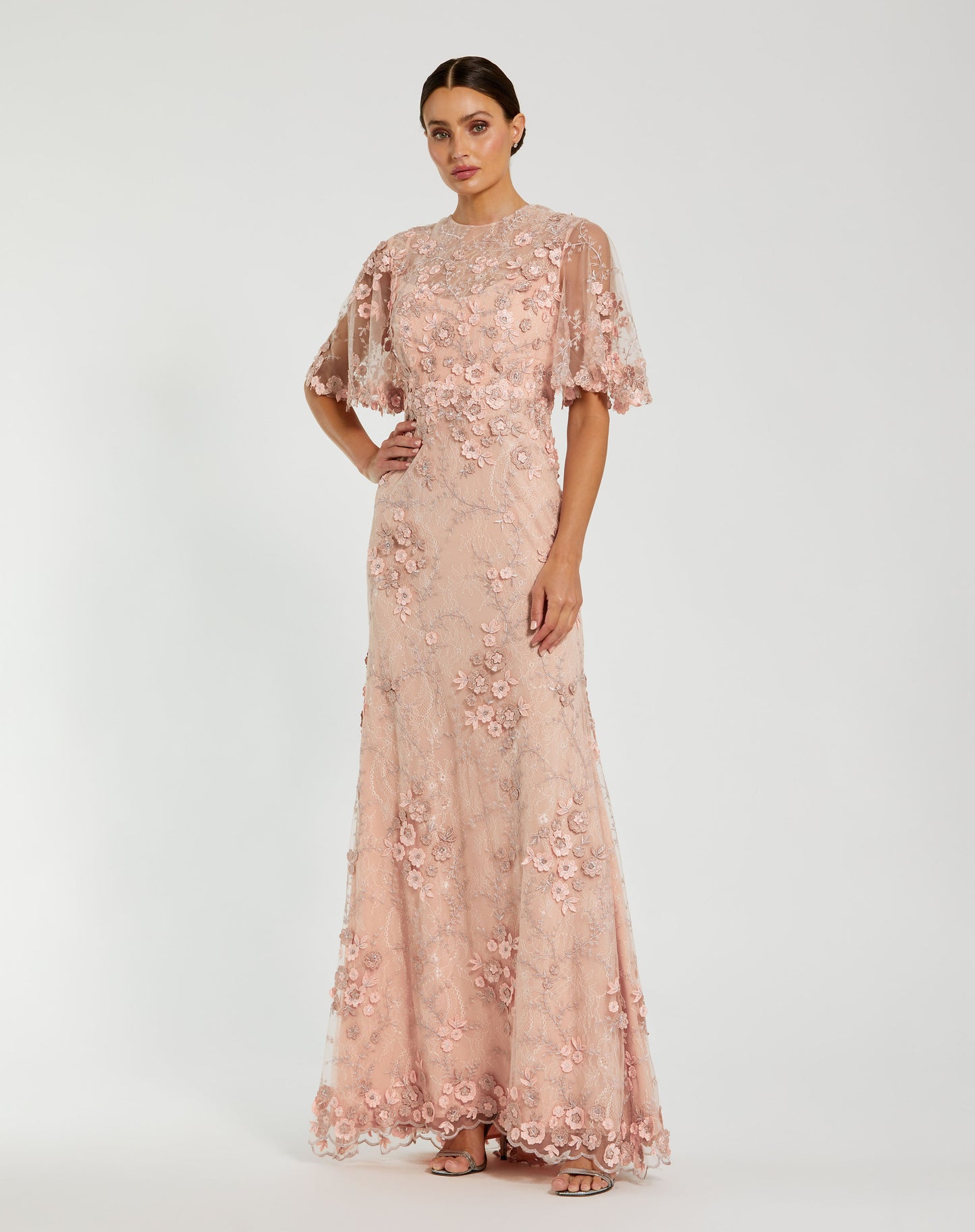 Mac Duggal 68810 Flutter Sleeve Floral Embroidered Net Gown