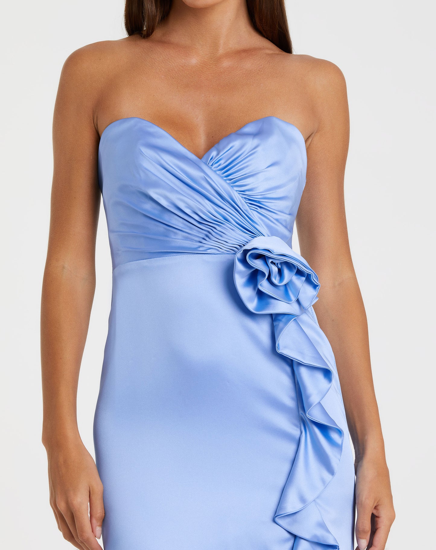 Mac Duggal 68872 Strapless Satin Column Gown With 3D Flower