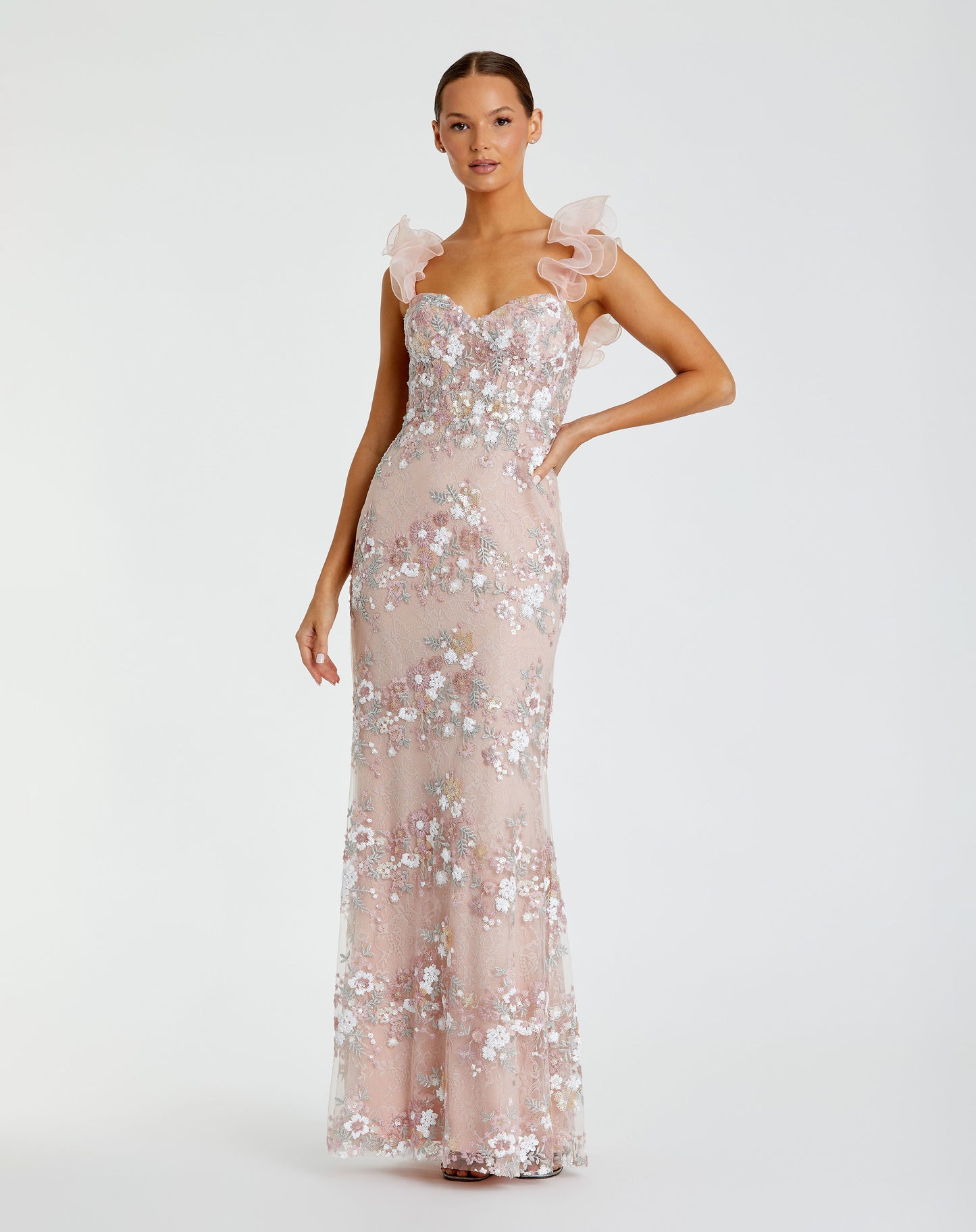 Mac Duggal 68880 Floral Embroidered Bustier Gown with Ruffle Straps