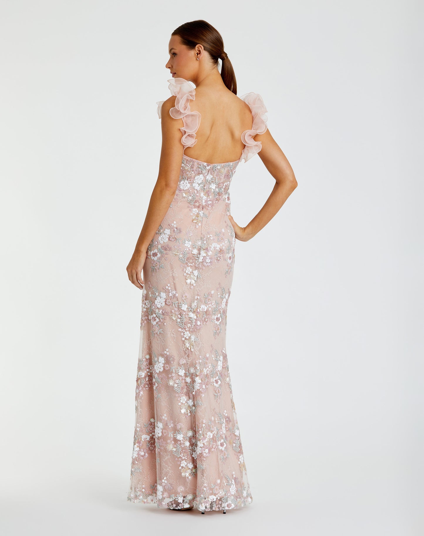 Mac Duggal 68880 Floral Embroidered Bustier Gown with Ruffle Straps