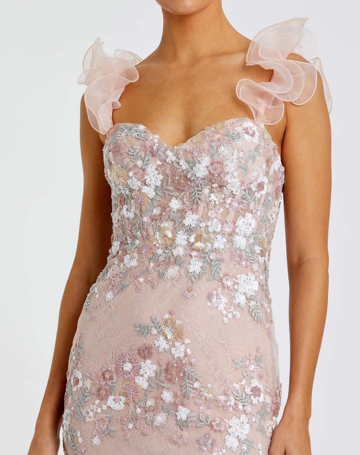 Mac Duggal 68880 Floral Embroidered Bustier Gown with Ruffle Straps