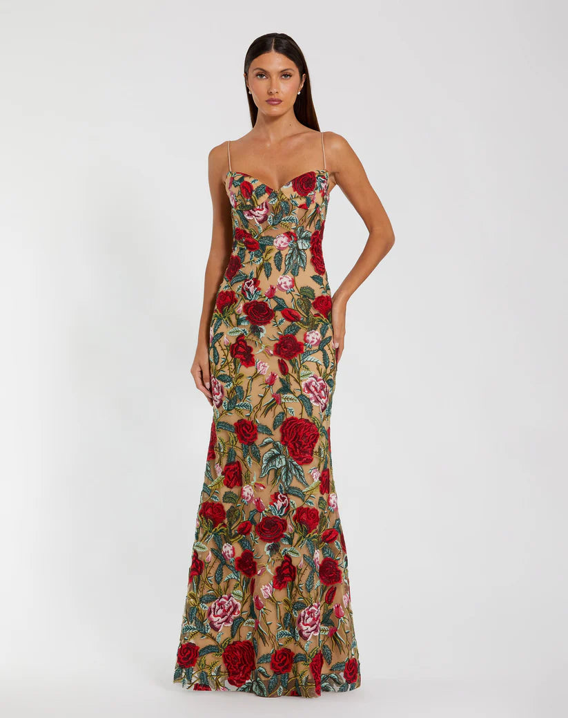 Mac Duggal 68884 Embroidered Spaghetti Strap Floral Dress