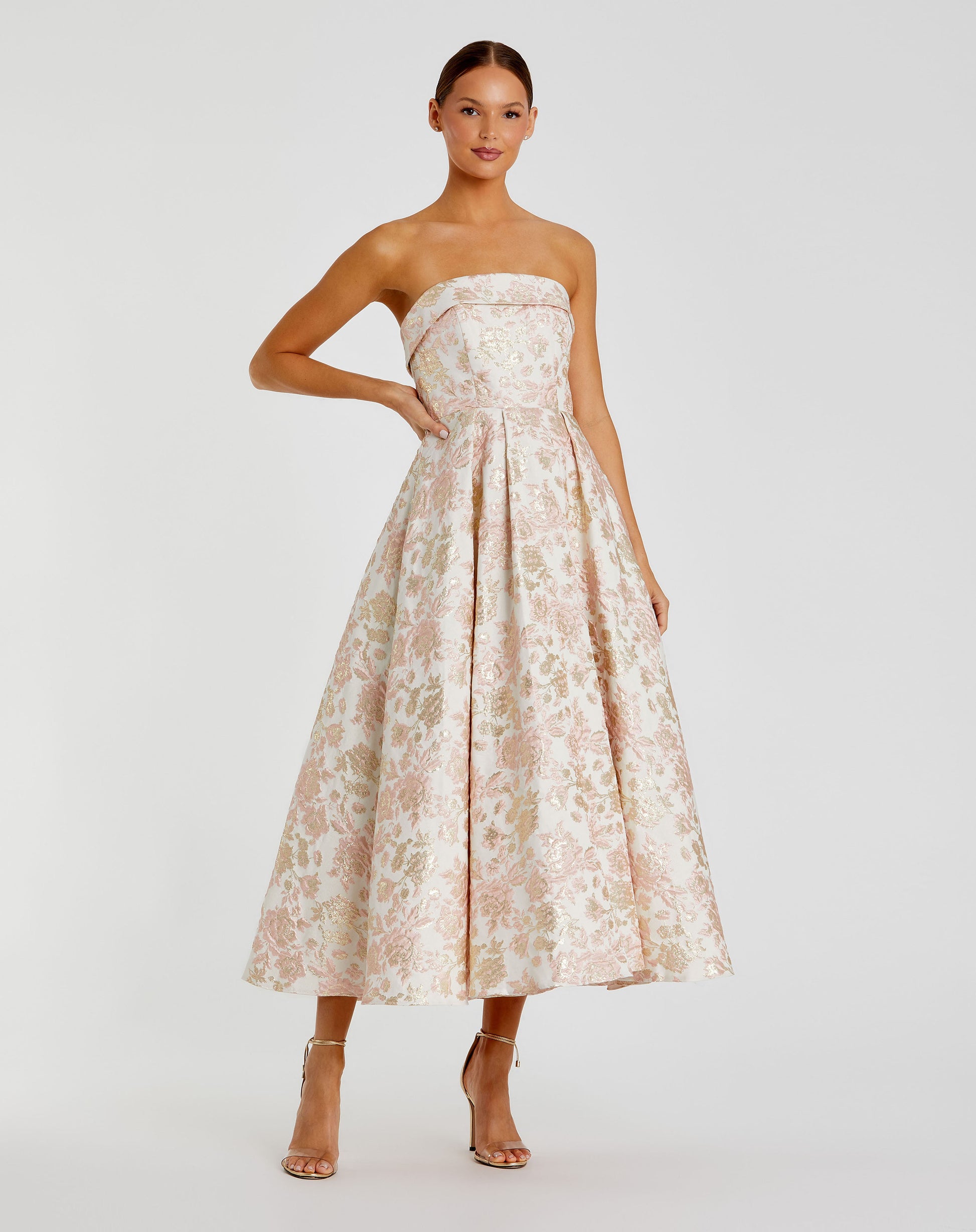 Mac Duggal 68928 Strapless Floral Brocade A Line Midi Dress B Chic Fashions Mac Duggal 68928 Strapless Floral Brocade A Line Midi Dress B Chic Fashions
