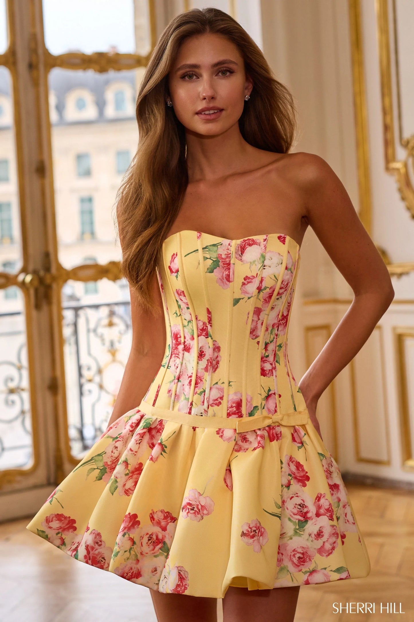 Sherri Hill 58179 Strapless Floral Print Corset Mini Dress with Bow Accent