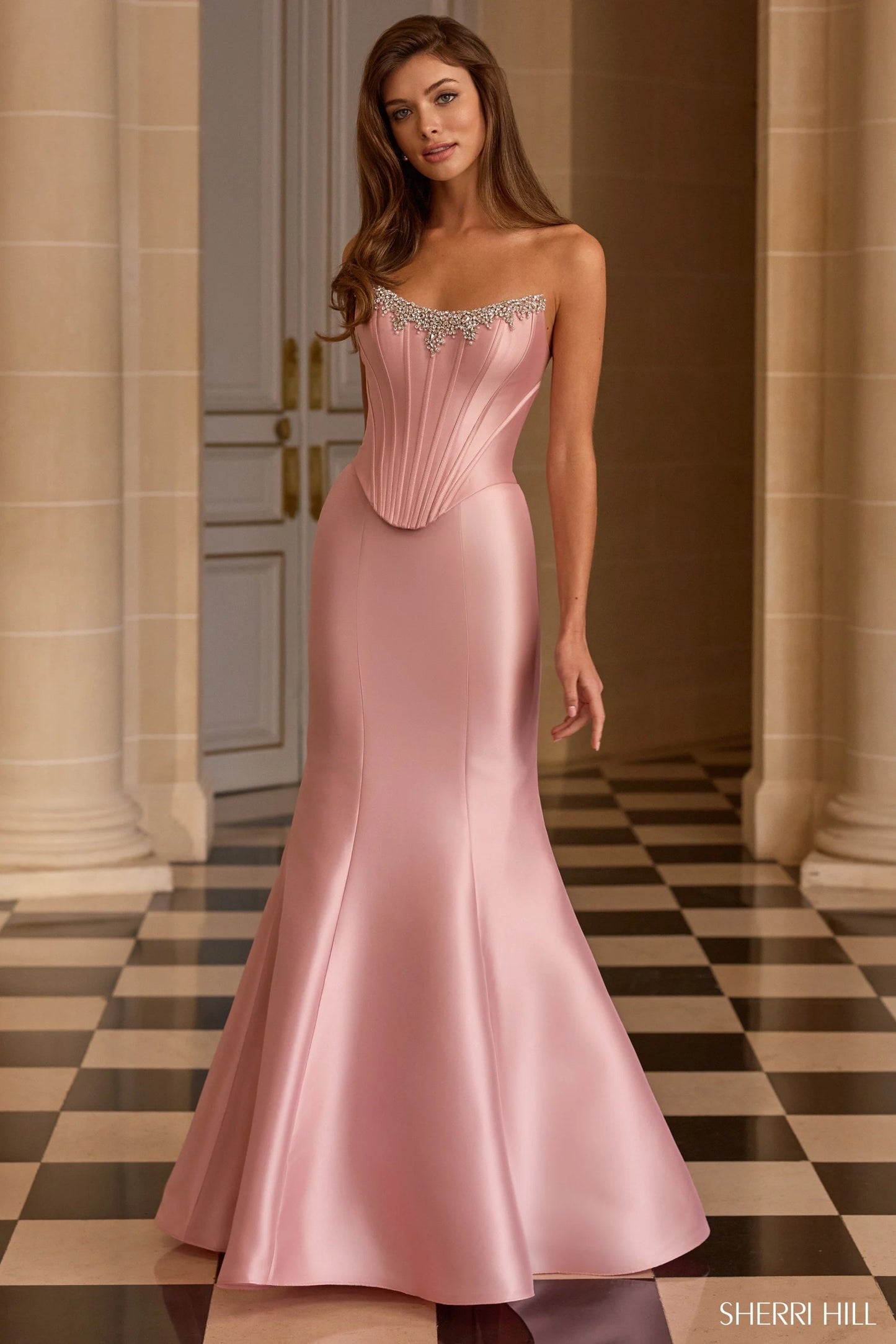 Sherri Hill 58226 Pink Strapless Mikado Corset Gown with Pearl Neckline
