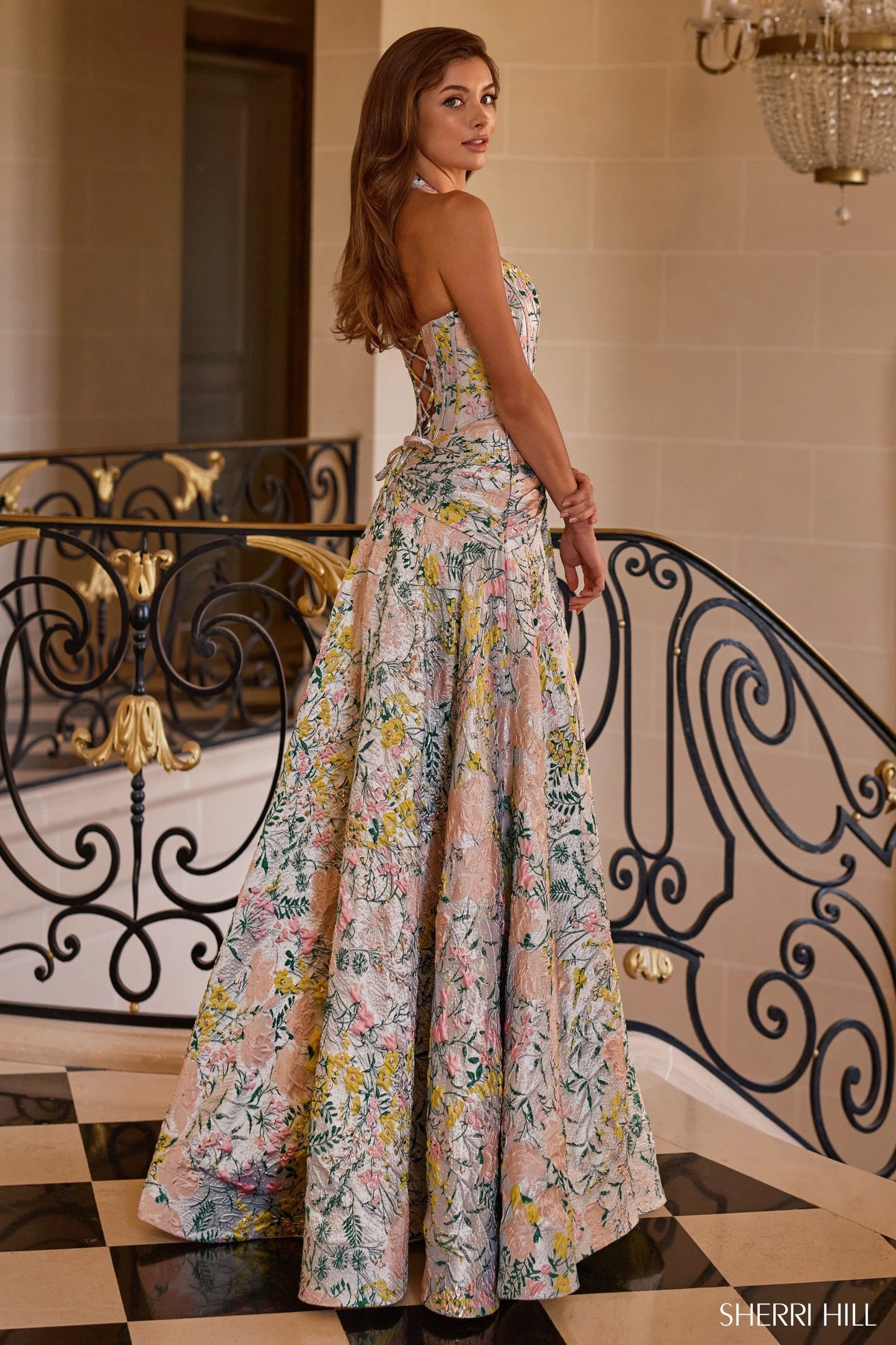 Sherri Hill 58284 Floral Jacquard Brocade Halter Corset Evening Gown with Slit