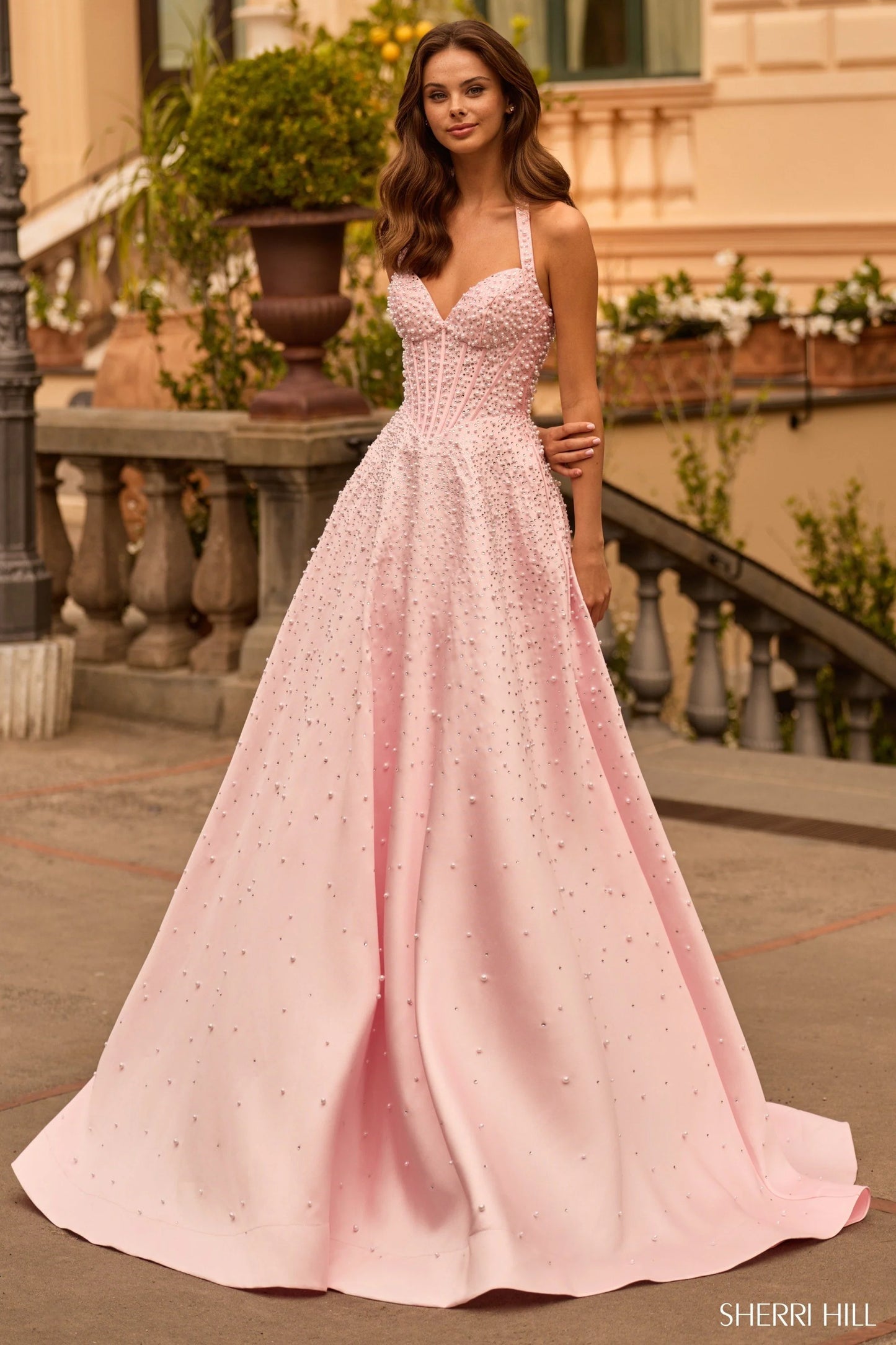 Sherri Hill 58096 Halter Pearl & Rhinestone Basque Corset Satin Ballgown