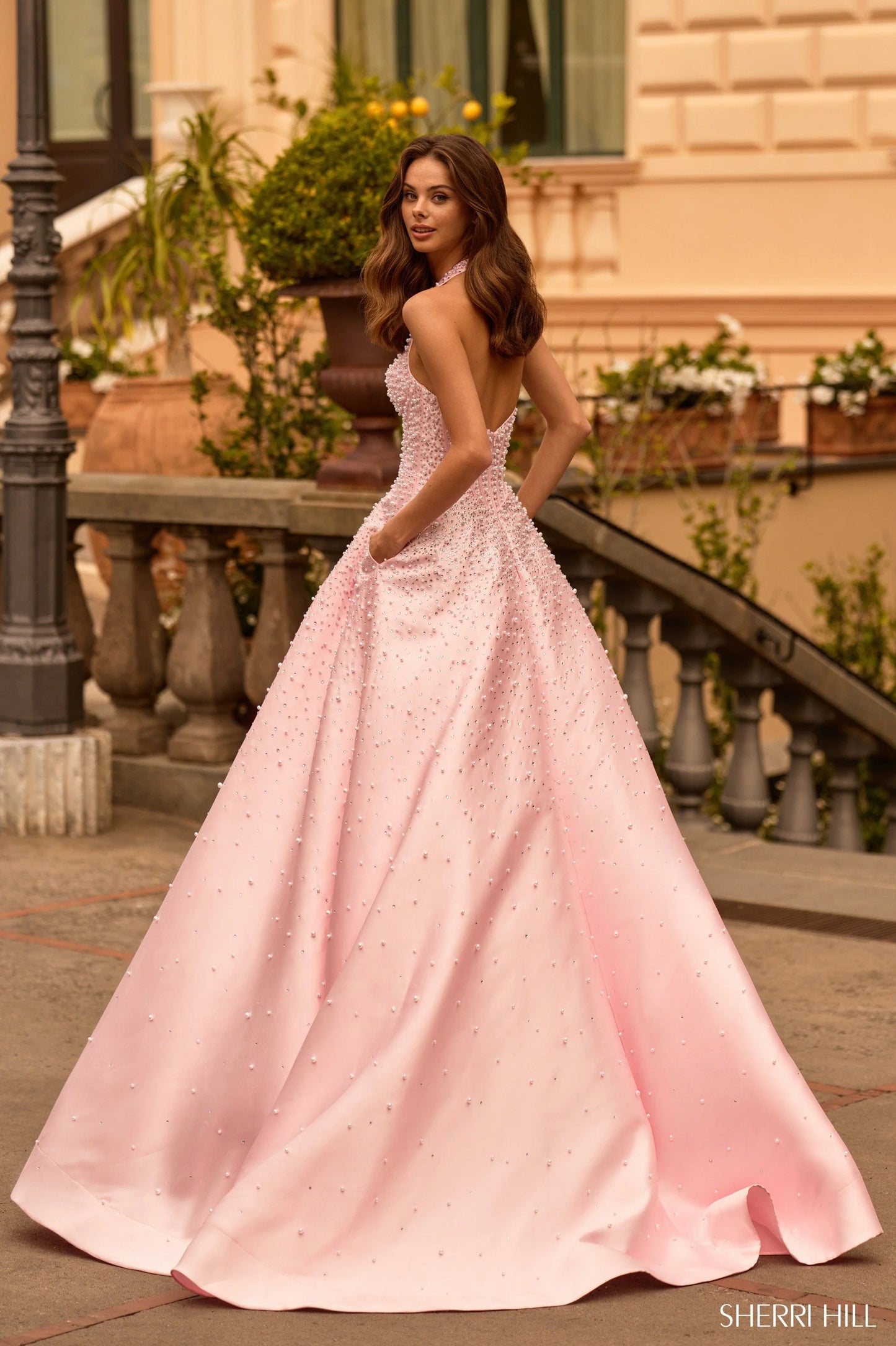 Sherri Hill 58096 Halter Pearl & Rhinestone Basque Corset Satin Ballgown