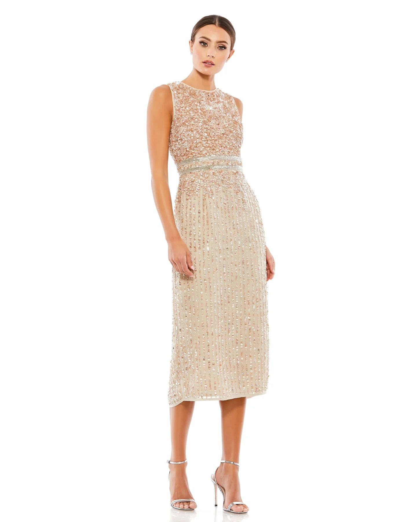 Mac Duggal A10509 Sleeveless High Neck Beaded Midi Sheath Dress B Chic Fashions Tea Length Dress Evening Gowns