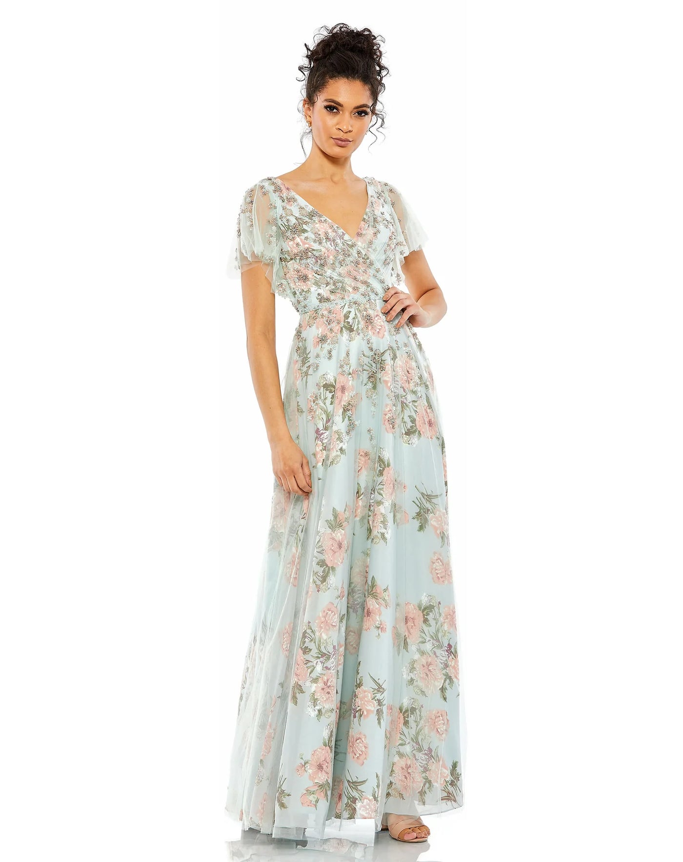 Mac Duggal 70125 Floral Flutter Sleeve V-Neck Maxi Dress B Chic Fashions Long Dress Evening Gowns
