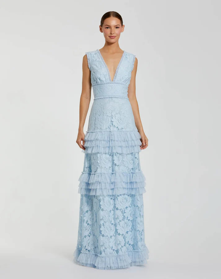 Mac Duggal 8078 Blue Embroidered Sleeveless Plunging V-Neckline Lace Tiered Ruffle Gown