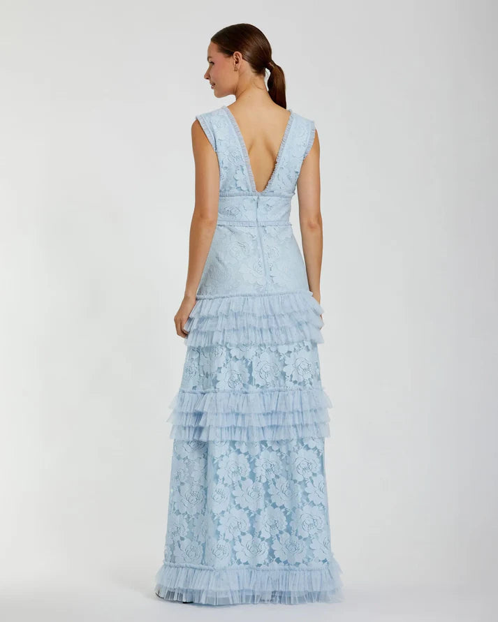 Mac Duggal 8078 Blue Embroidered Sleeveless Plunging V-Neckline Lace Tiered Ruffle Gown