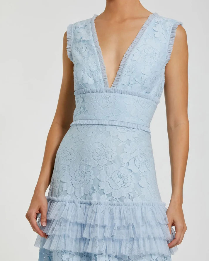Mac Duggal 8078 Blue Embroidered Sleeveless Plunging V-Neckline Lace Tiered Ruffle Gown