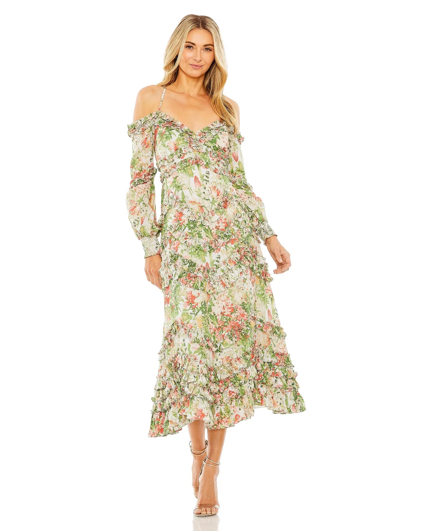 Mac Duggal 8082 Floral Long Sleeve Ruffle Detail Dress B Chic Fashions Tea Length Dress Evening Gowns