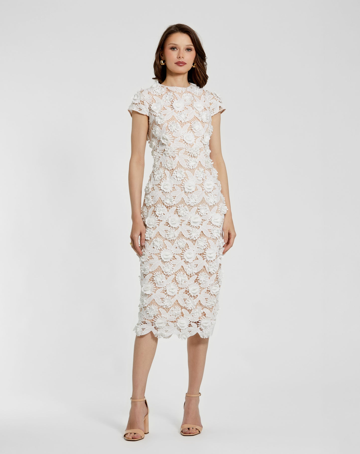 Mac Duggal 81022 Floral Lace Fitted Short Sleeve Midi Dress