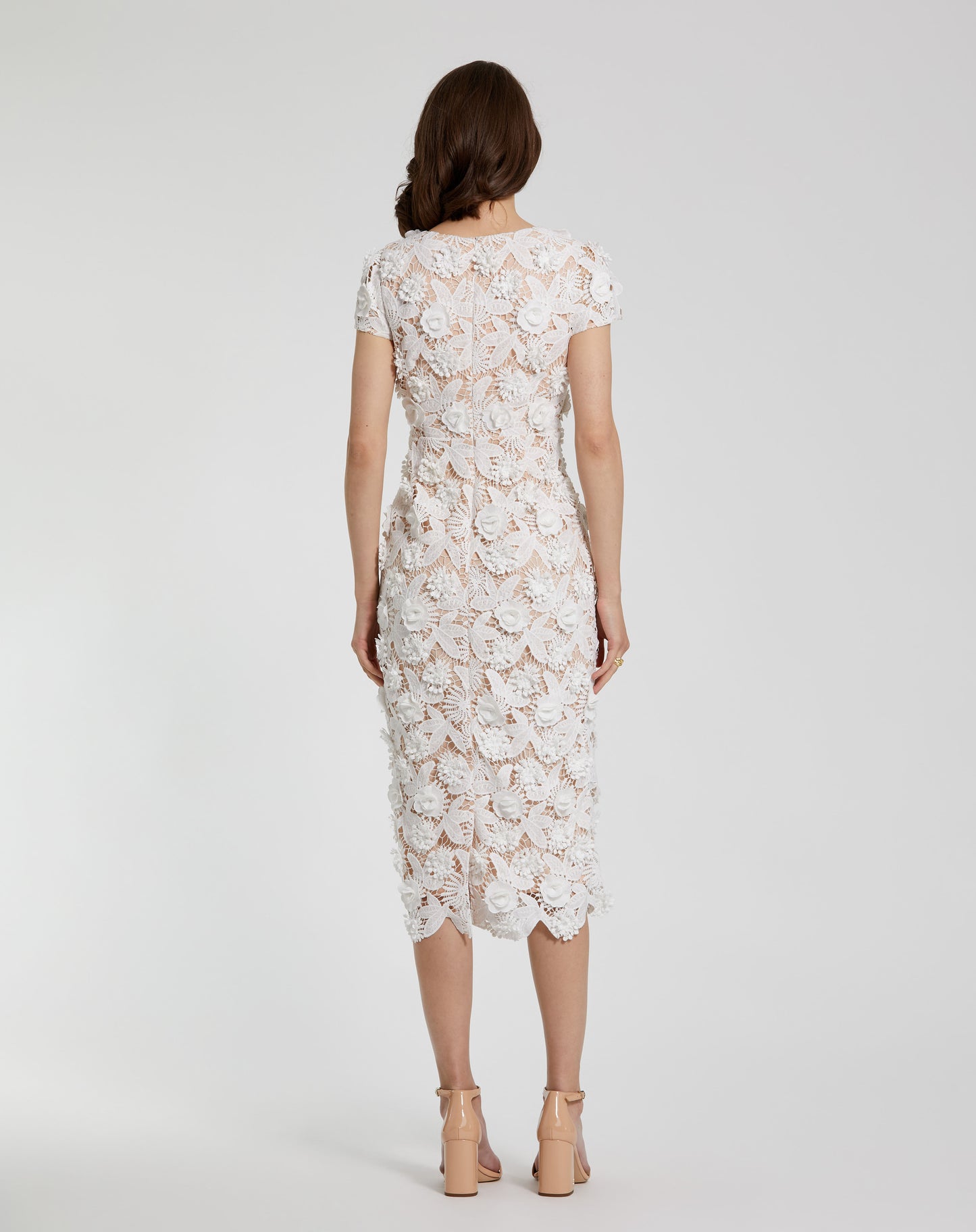 Mac Duggal 81022 Floral Lace Fitted Short Sleeve Midi Dress