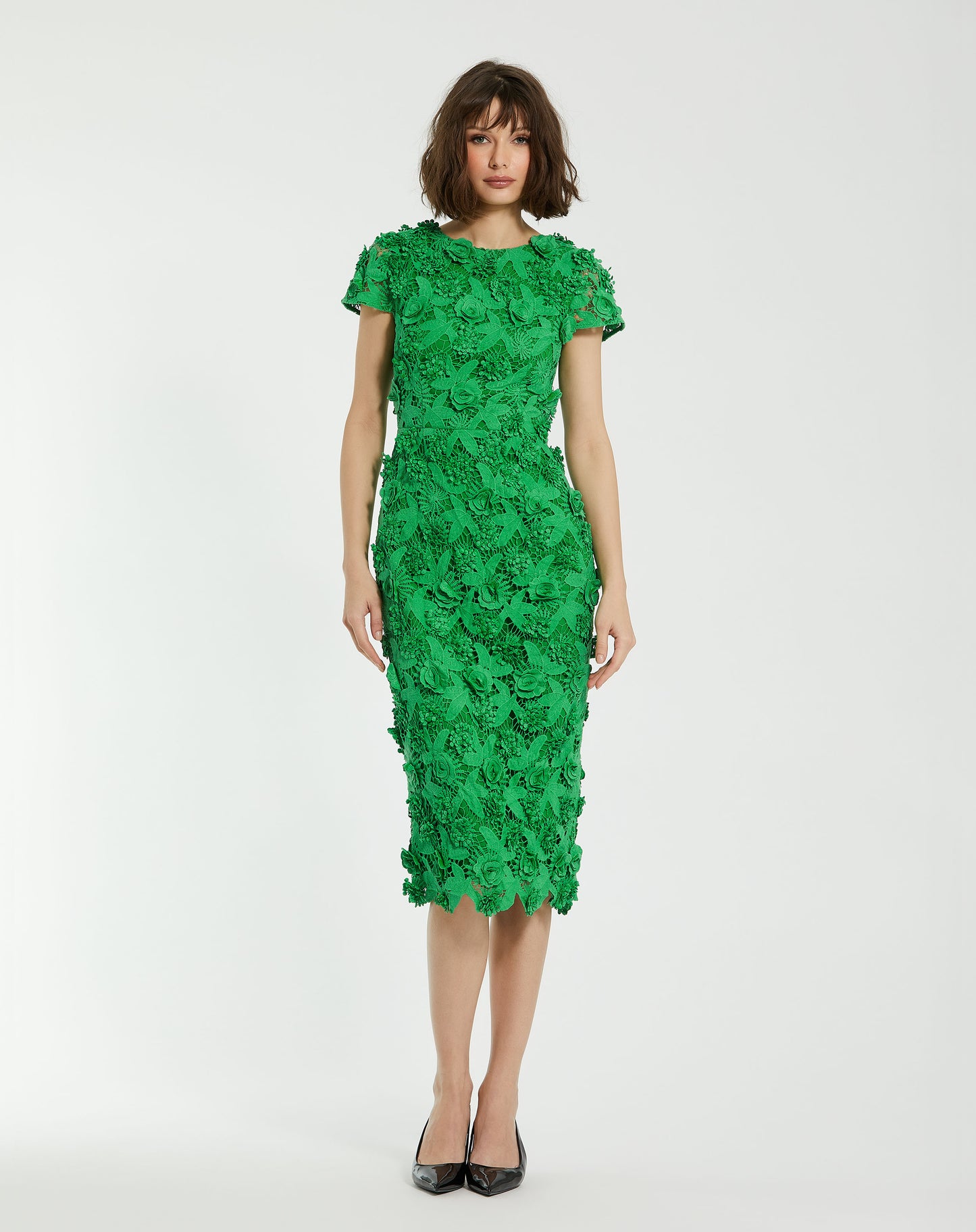 Mac Duggal 81022 Floral Lace Fitted Short Sleeve Midi Dress