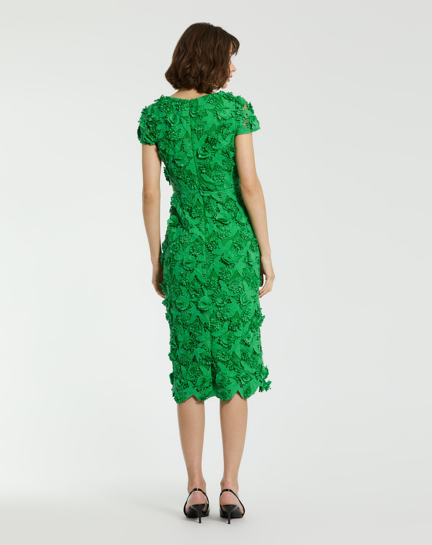 Mac Duggal 81022 Floral Lace Fitted Short Sleeve Midi Dress