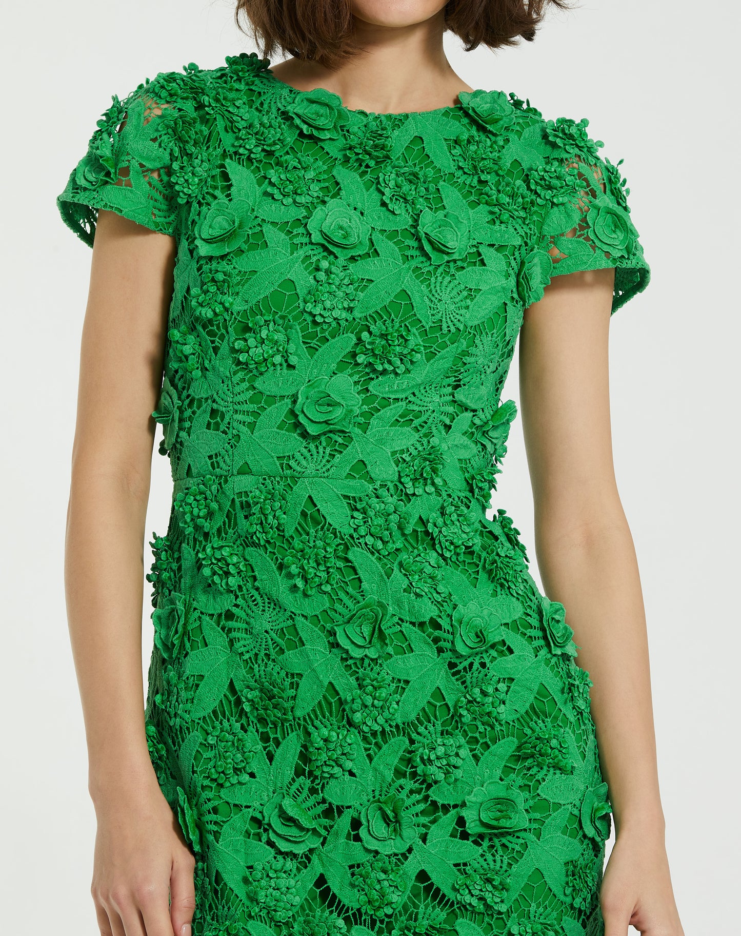 Mac Duggal 81022 Floral Lace Fitted Short Sleeve Midi Dress