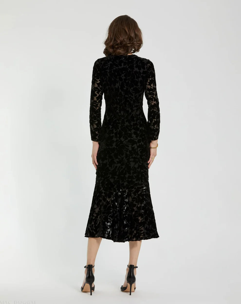 Mac Duggal 81129 Black Burnout Velvet Long-Sleeve High-Neck Midi Dress