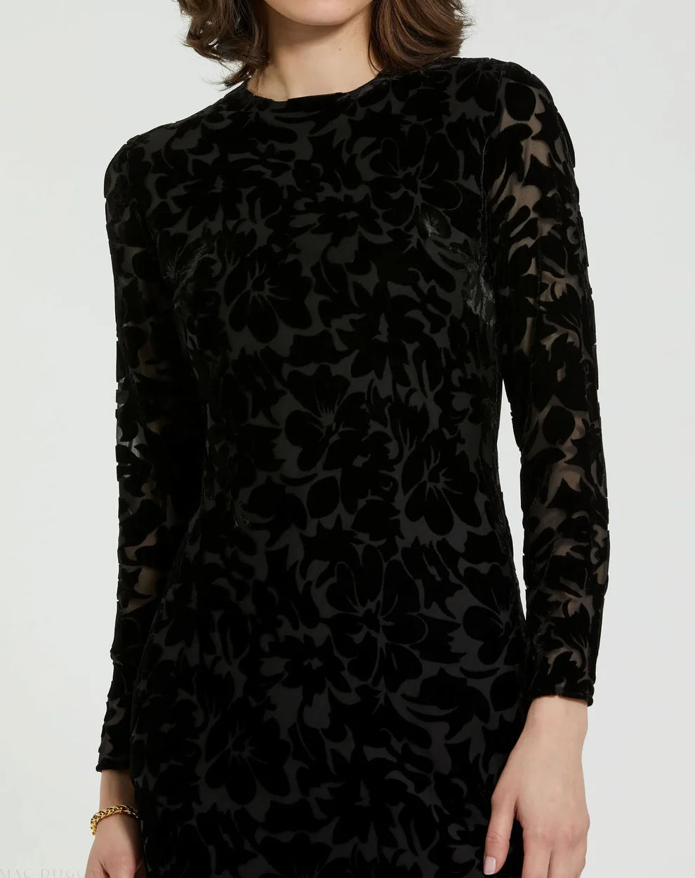 Mac Duggal 81129 Black Burnout Velvet Long-Sleeve High-Neck Midi Dress