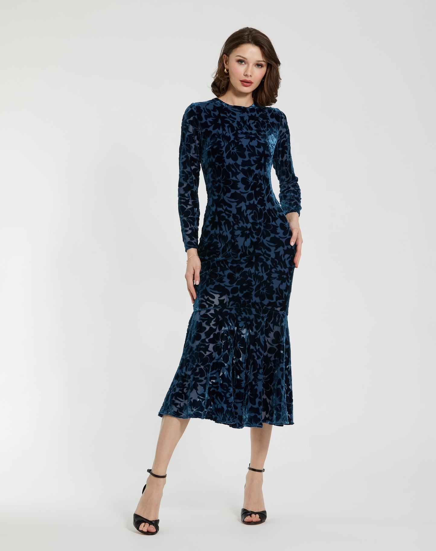 Mac Duggal 81129 Black Burnout Velvet Long-Sleeve High-Neck Midi Dress