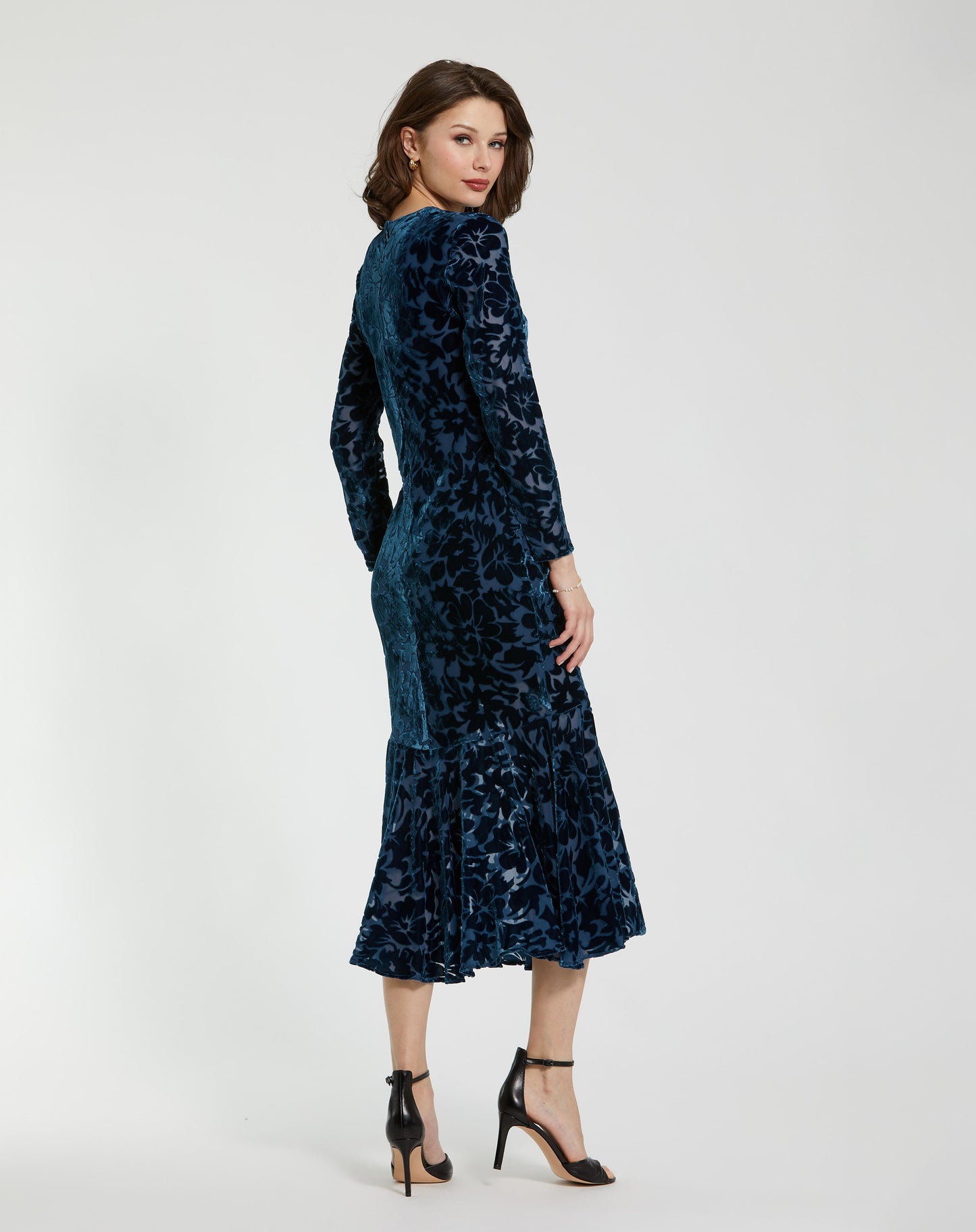 Mac Duggal 81129 Black Burnout Velvet Long-Sleeve High-Neck Midi Dress