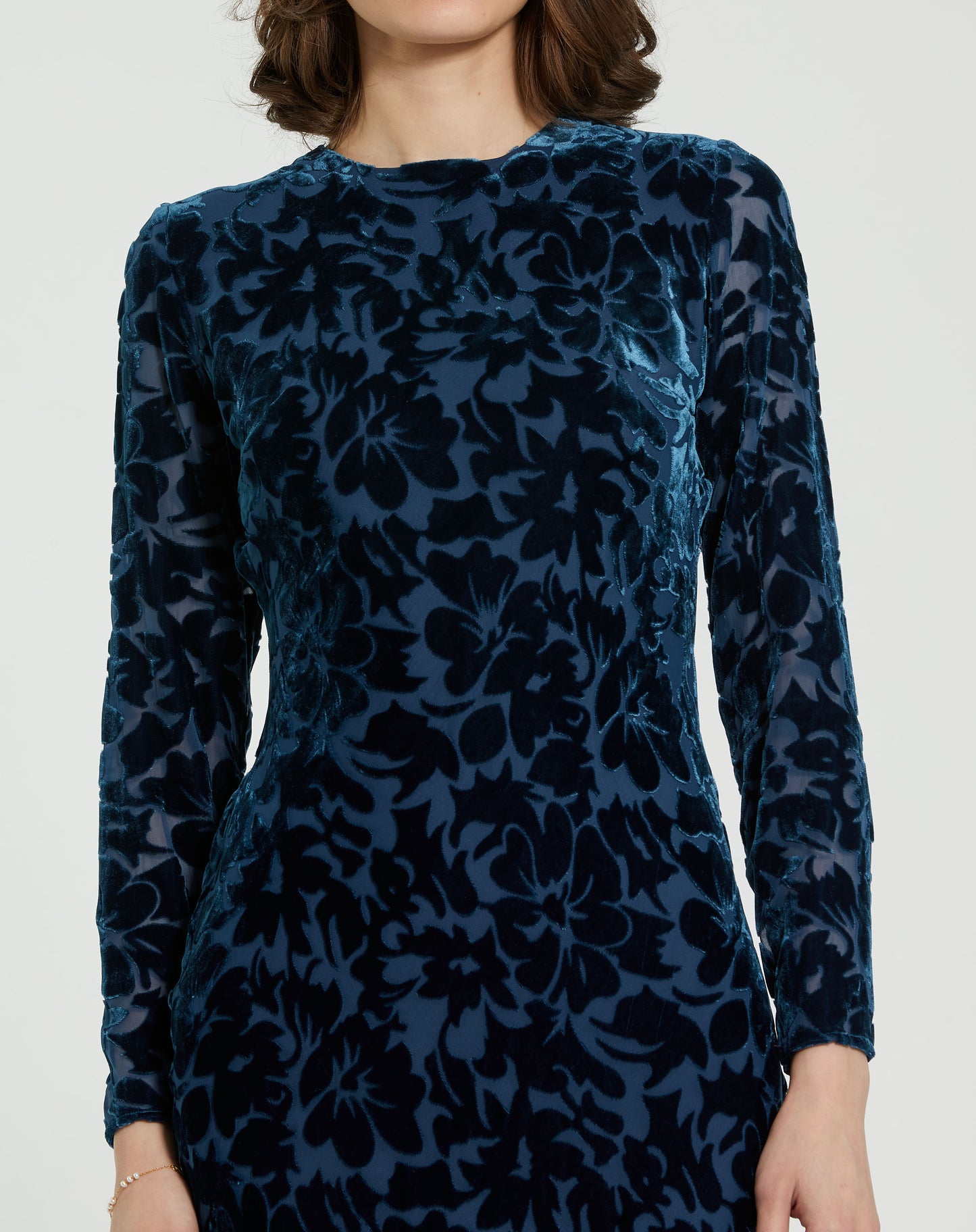 Mac Duggal 81129 Black Burnout Velvet Long-Sleeve High-Neck Midi Dress