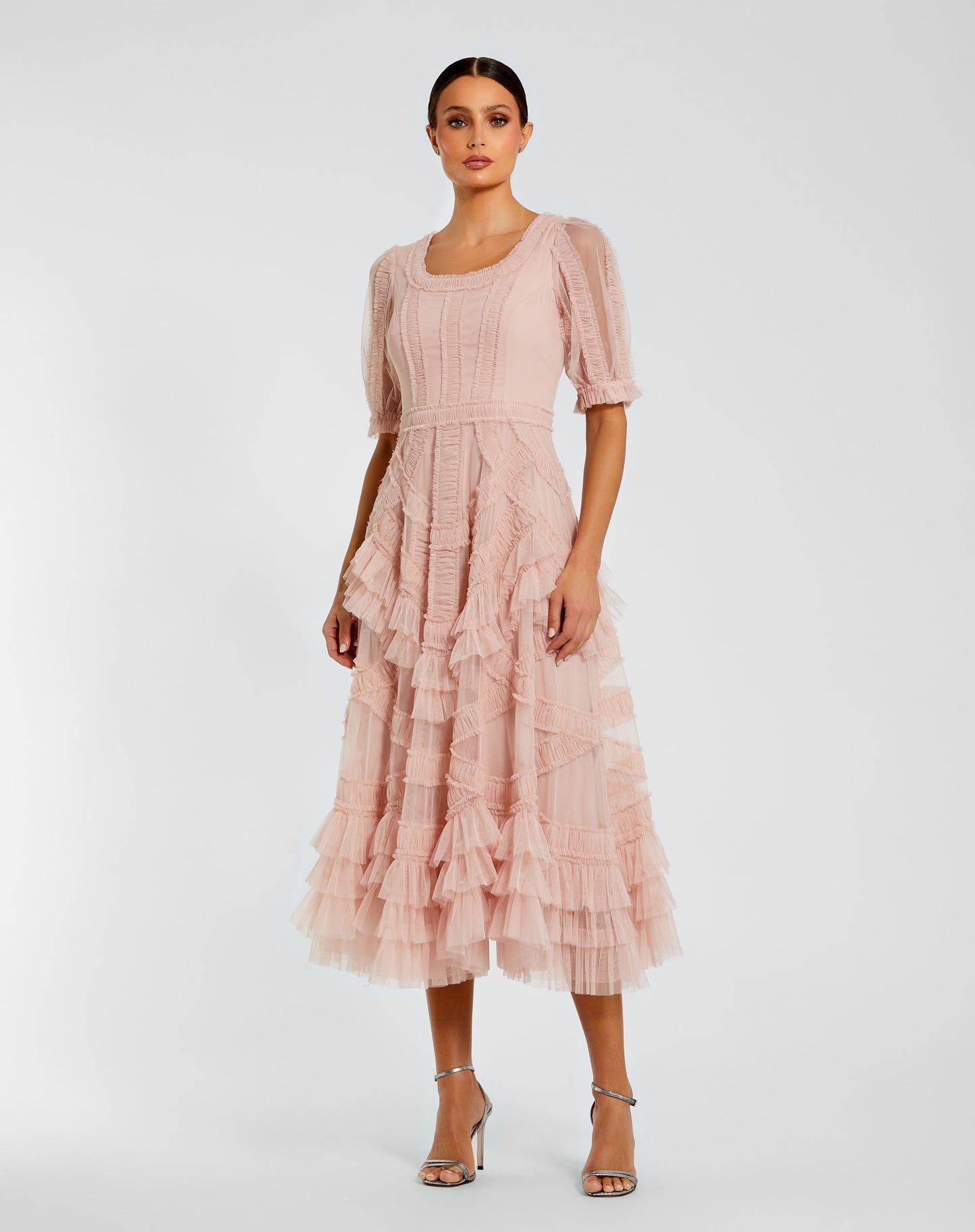 Mac Duggal 8248 Short Sleeve Mesh Mirco Ruffle Midi Dress