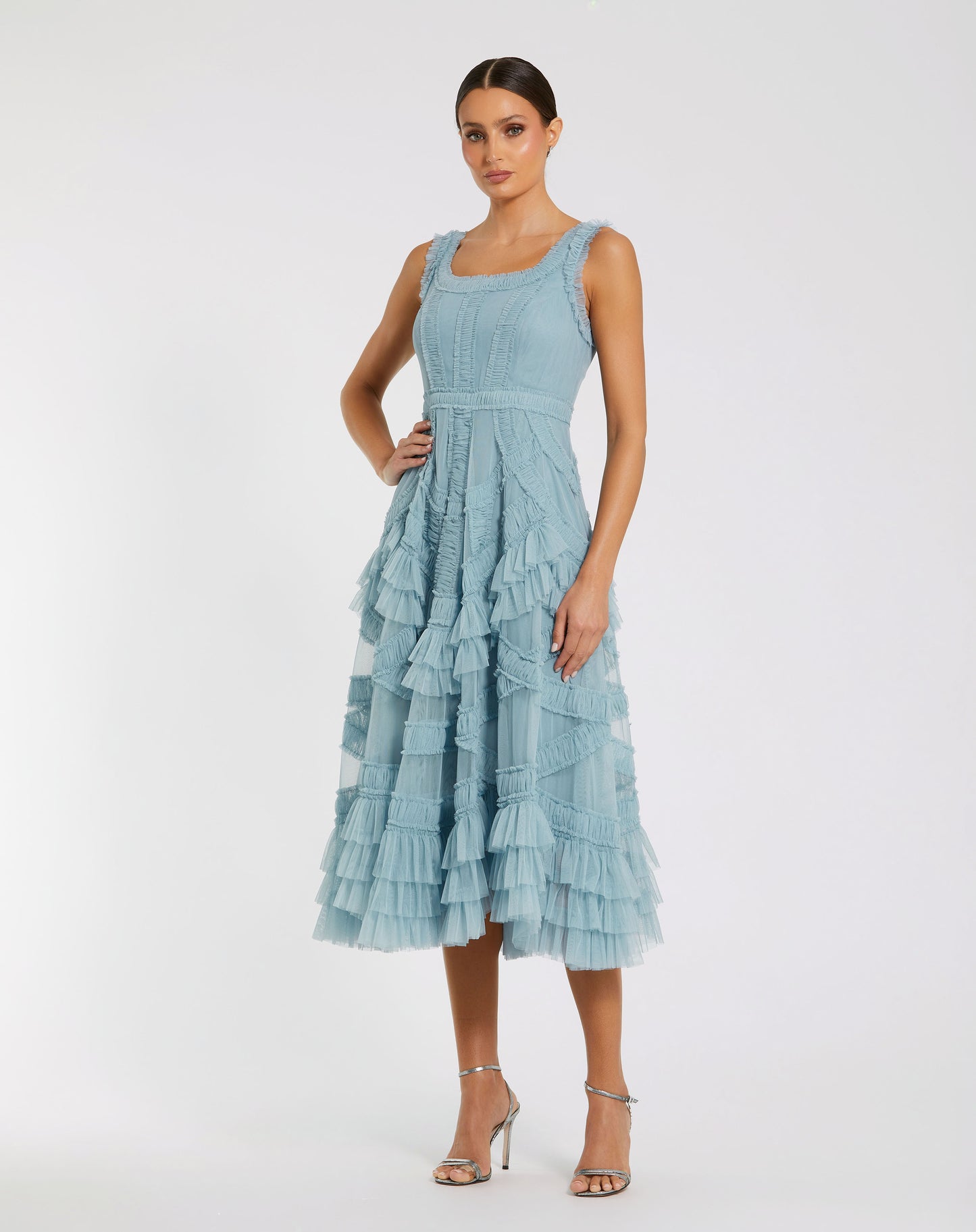 Mac Duggal 8250 Scoop Neck Sleeveless A-Line Ruffle Midi Dress