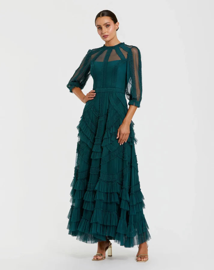 Mac Duggal 8251 Teal High Neck Micro Ruffle Dress with Sheer 3/4 Sleeve